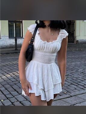 White Ruffled Smocked Waist Romper Dress